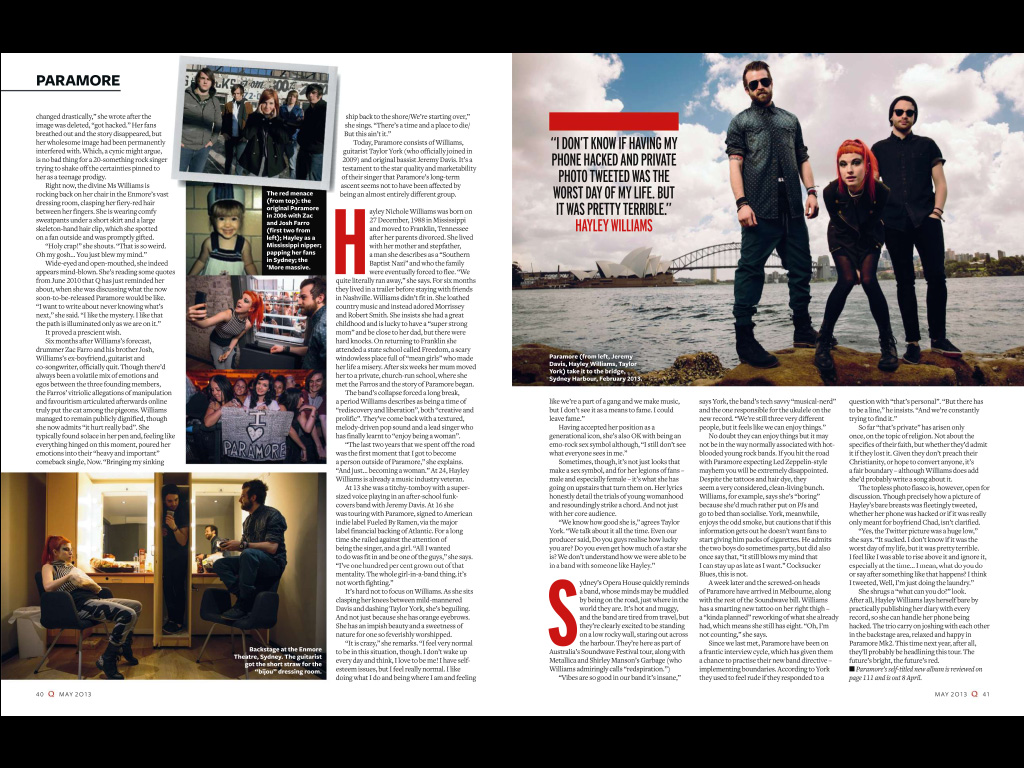 2nd spread of Paramore feature in Q Magazine - screen cap from the iPad edition